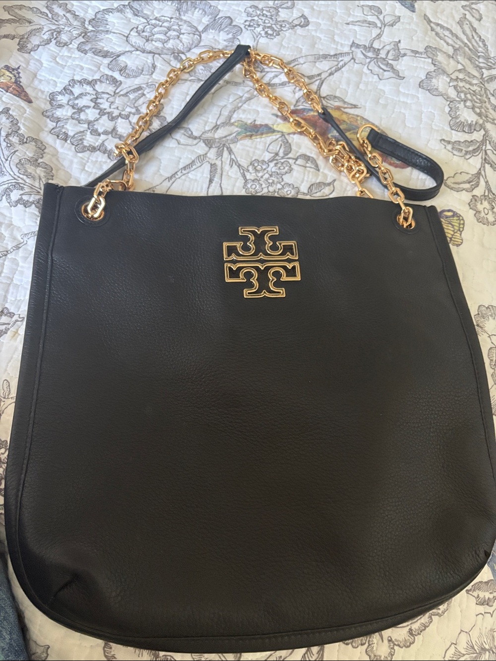Tory Burch Black Leather Tote with Gold Chain Handles